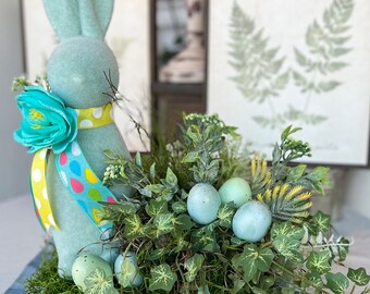 Flocked Light Blue Bunny Arrangement with Eggs/ Easter Arrangement