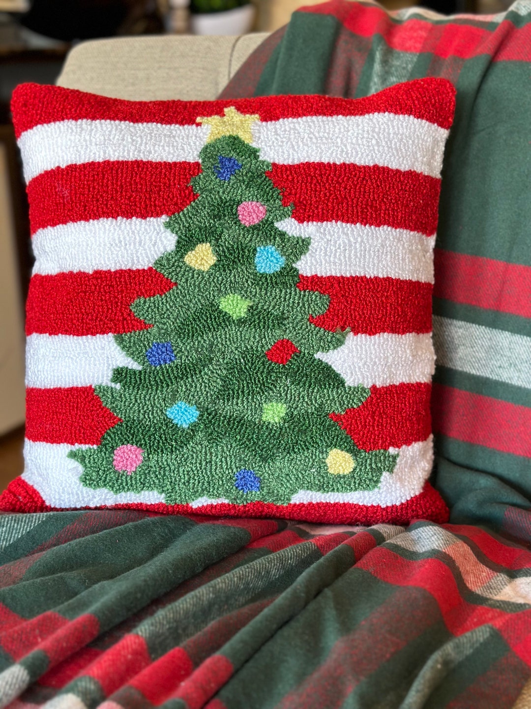 Christmas Tree Red and White Striped Hooked Pillow With Form Etsy
