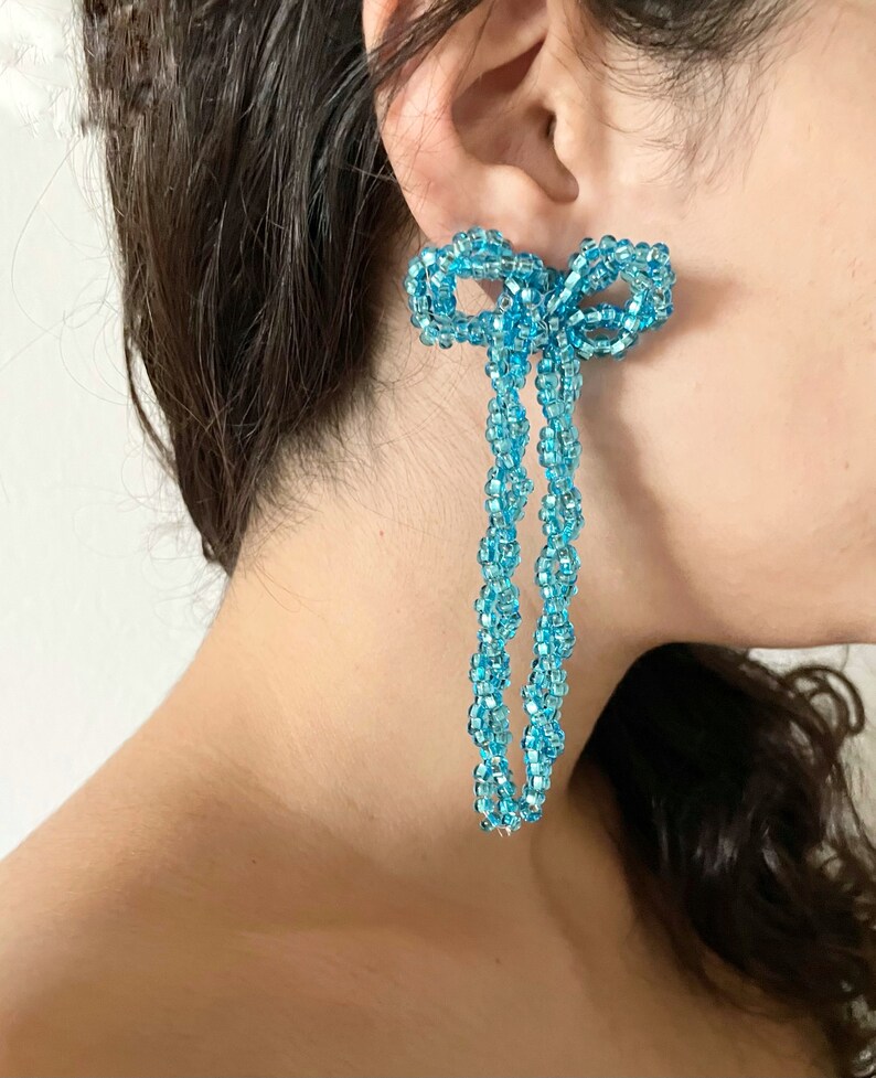 Knotty Bow Bead Earrings in Aqua Color image 1