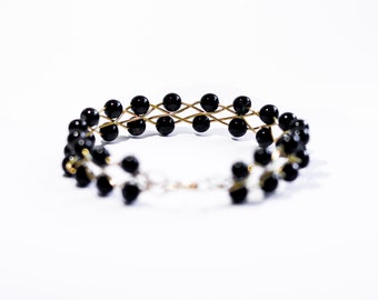 Braided Gold Metal Bracelet with Black Glass Beads