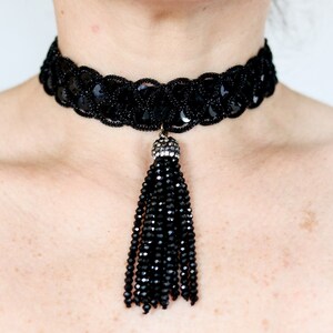 Black Trim Choker with Sequins & Tassel