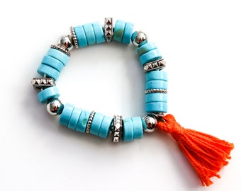 Turquoise Glass Stretch Bracelet with Tassel