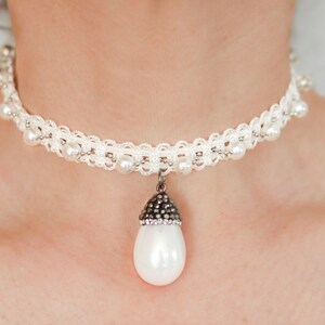 Thin White Choker with Beads and Teardrop Pearl