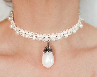 Thin White Choker with Beads and Teardrop Pearl
