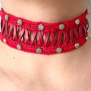 Red Faux Leather Wide Trim Choker