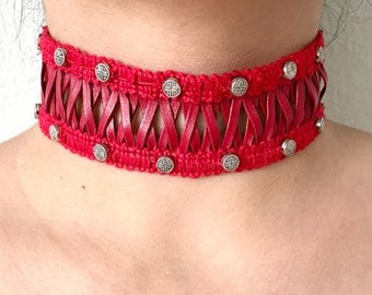 Red Faux Leather Wide Trim Choker