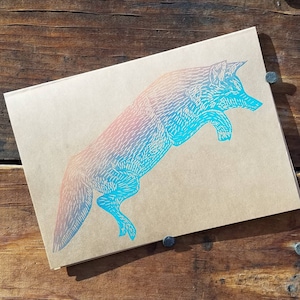 Coyote block printed blank greeting card