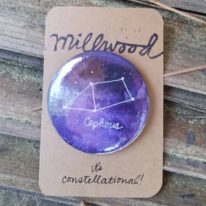 Constellation pinback pins, hand-painted and drawn, various constellations