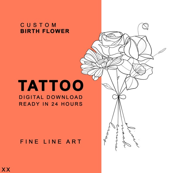 4 Names Flower Tattoo, Custom Tattoo Design Commission, Bundle Birth Flower Tattoo, Personalized Birth Flower Tattoo Stencil