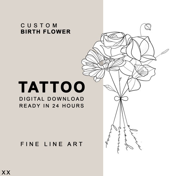 4 Names Flower Tattoo, Custom Tattoo Design Commission, Bundle Birth Flower Tattoo, Personalized Birth Flower Tattoo Stencil