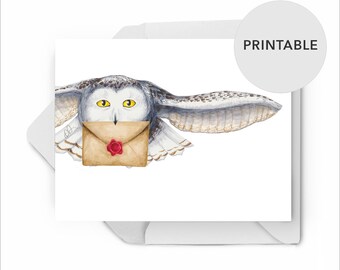 PRINTABLE White owl art card. Cute owl for wizard lovers. Card with magical snowy owl, blank inside. With free downloadable envelope.