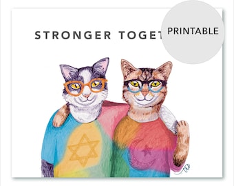 PRINTABLE animal art / Best animal friends art / Stronger together America resistance / Unique cat lover gift / Interfaith Jew Muslim