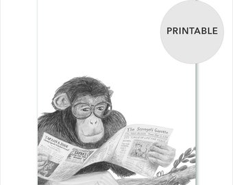PRINTABLE animal art / Funny bathroom art / Animal artwork / Chimpanzee reading glasses / Black white monkey kids playroom / 8 x 10