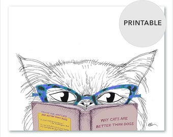 PRINTABLE animal art / Cat book art print / Book lover art gift / Animal lovers wall artwork / Bathroom art / Bookshelf / 8 x 10 print