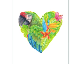 Unique tropical art print with green macaw and exotic plants in heart shape. Peaceful paradise home decor. Perfect gift for bird lovers.