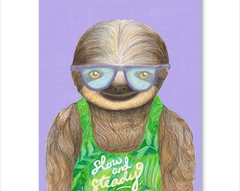 Adorable, colorful, smiling sloth art print. Vibrant purple and green home decor inspired by Costa Rica. Perfect gift for animal lovers.