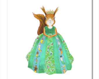 Squirrel art print featuring beautiful fairytale animal princess. Perfect for woodland theme nursery, baby girl nursery or play room decor.