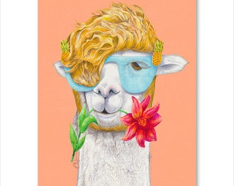 Trendy llama print with blue pineapple sunglasses. Unique, cool animal art. Anthropomorphic gift for animal lovers. Inspired by Costa Rica.