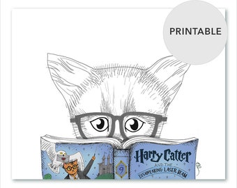 PRINTABLE animal art / Bookworm gifts for cat lovers / Wizard magic / Animal art print / 8 x 10