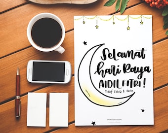 Selamat Hari Raya Aidilfitri Greeting Card, Hari Raya Aidilfitri Printables, Calligraphy Greeting Card, Handlettered Printables