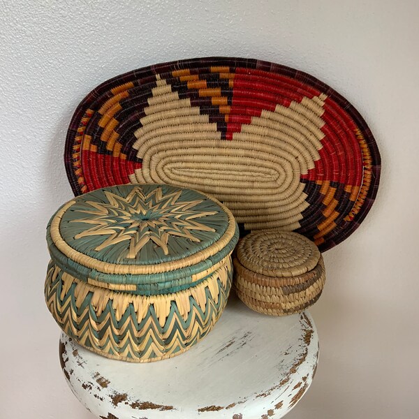 Collection of three hand woven baskets, straw baskets, bohemian decor, organic, price for all three, red brown green