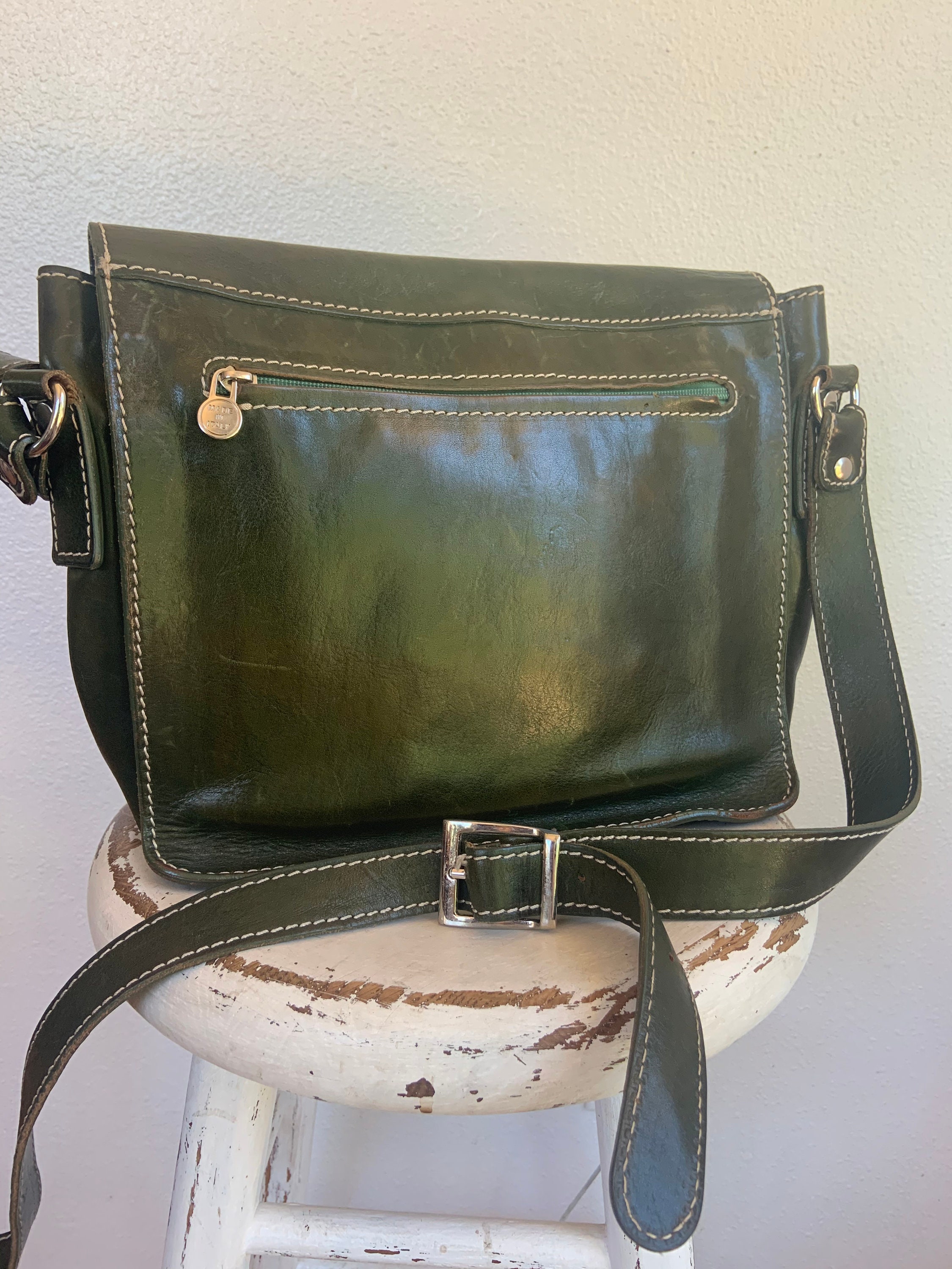 Vintage green leather unisex crossbody bag made in Italy Etsy