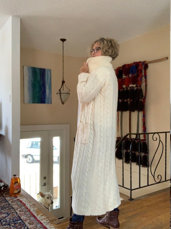 Vintage Cream Wool Blend Floor Length Cardigan Front Pockets Buttons Collar Cable Knit Pattern Gorgeous Bohemian Style