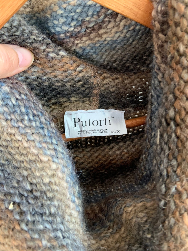 made in Canada organic chunky earth tones boho style Vintage wool large slouchy turtleneck sweater with fringe winter warm