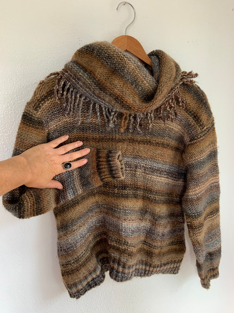 made in Canada organic chunky earth tones boho style Vintage wool large slouchy turtleneck sweater with fringe winter warm