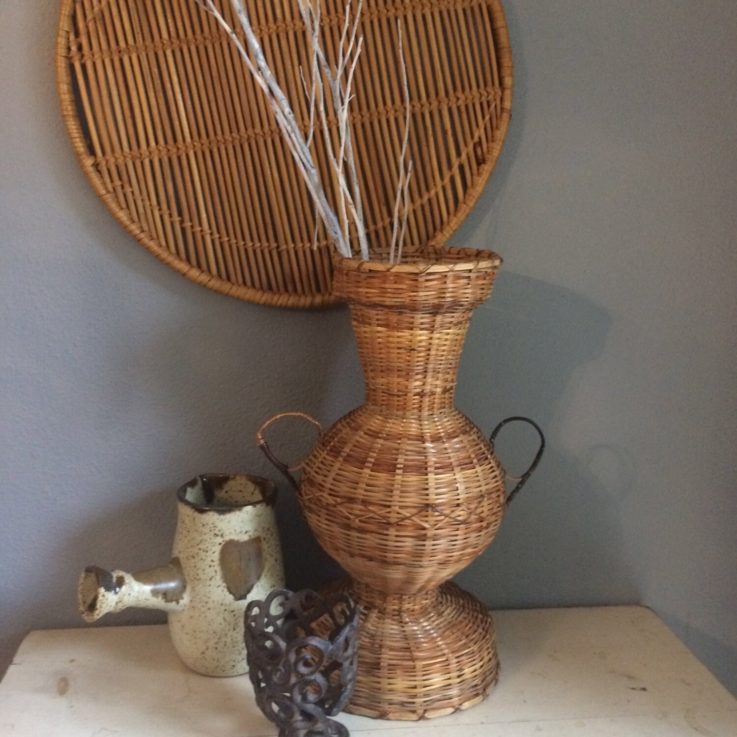 vintage large wicker vase or flip over and use as plant Etsy