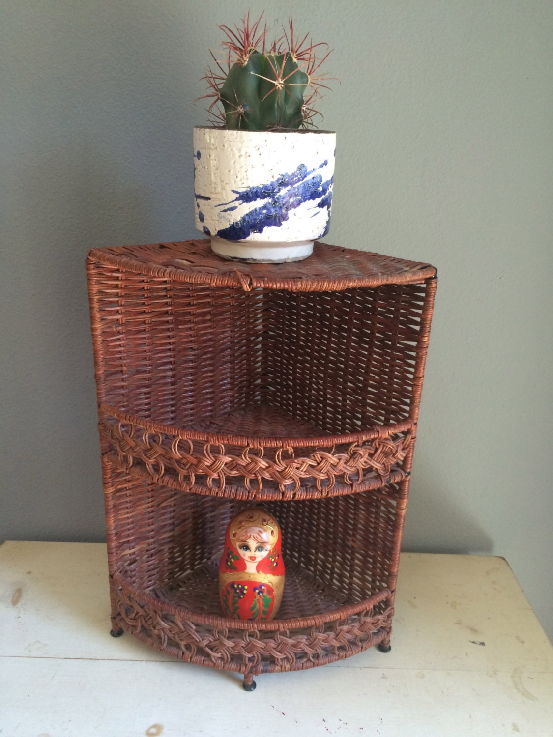 vintage wicker shelf three tiered with nice wicker detail Etsy