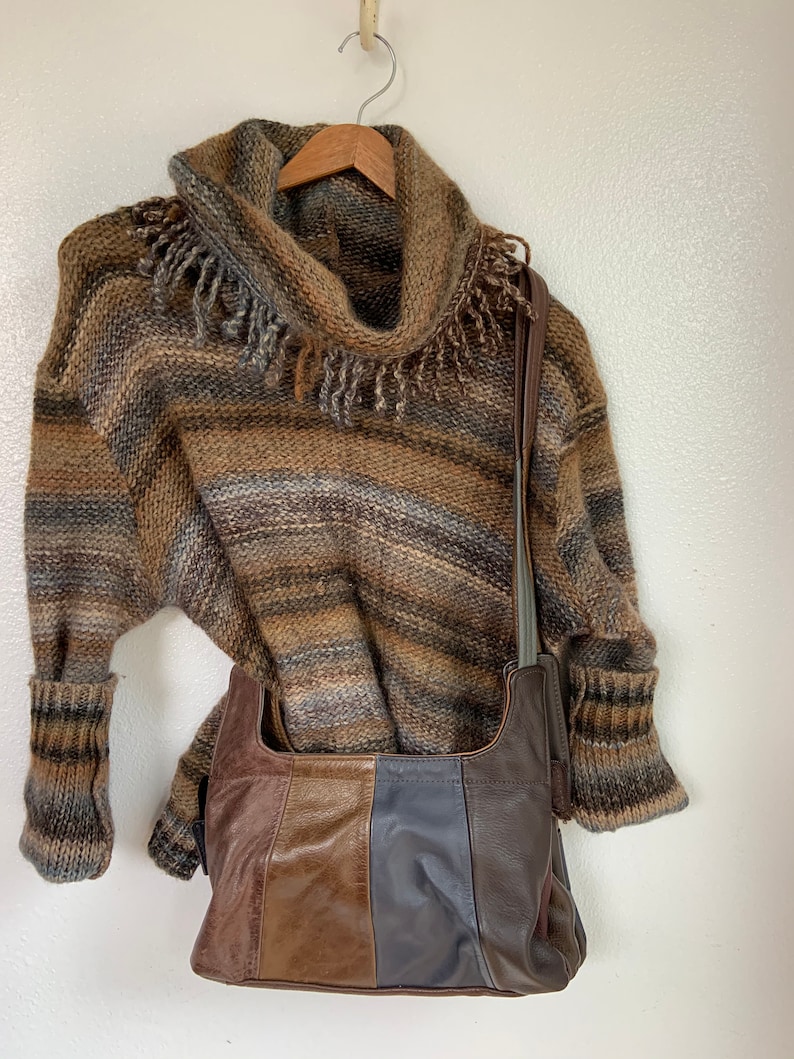made in Canada organic chunky earth tones boho style Vintage wool large slouchy turtleneck sweater with fringe winter warm