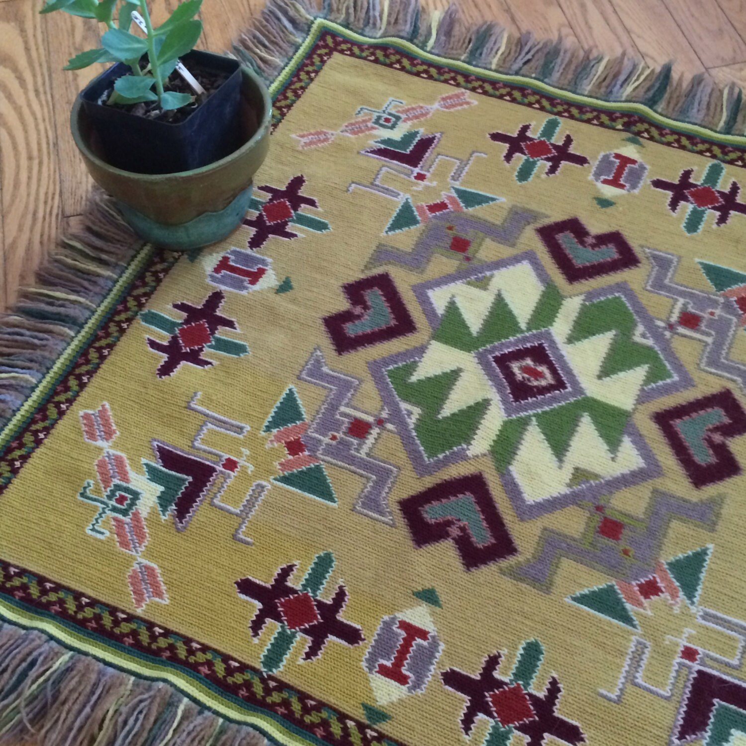 vintage mustard yellow wool rug with fringe navajo Etsy