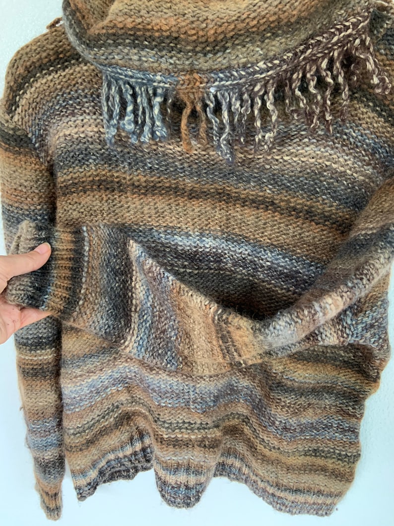 made in Canada organic chunky earth tones boho style Vintage wool large slouchy turtleneck sweater with fringe winter warm