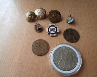 small lot of buttons,badges,coins-1899 to 1977