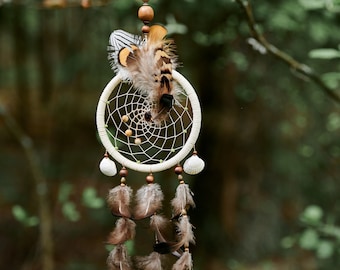 Handgjord fjäderdrömfångare | Boho väggdekoration, 10 cm ring