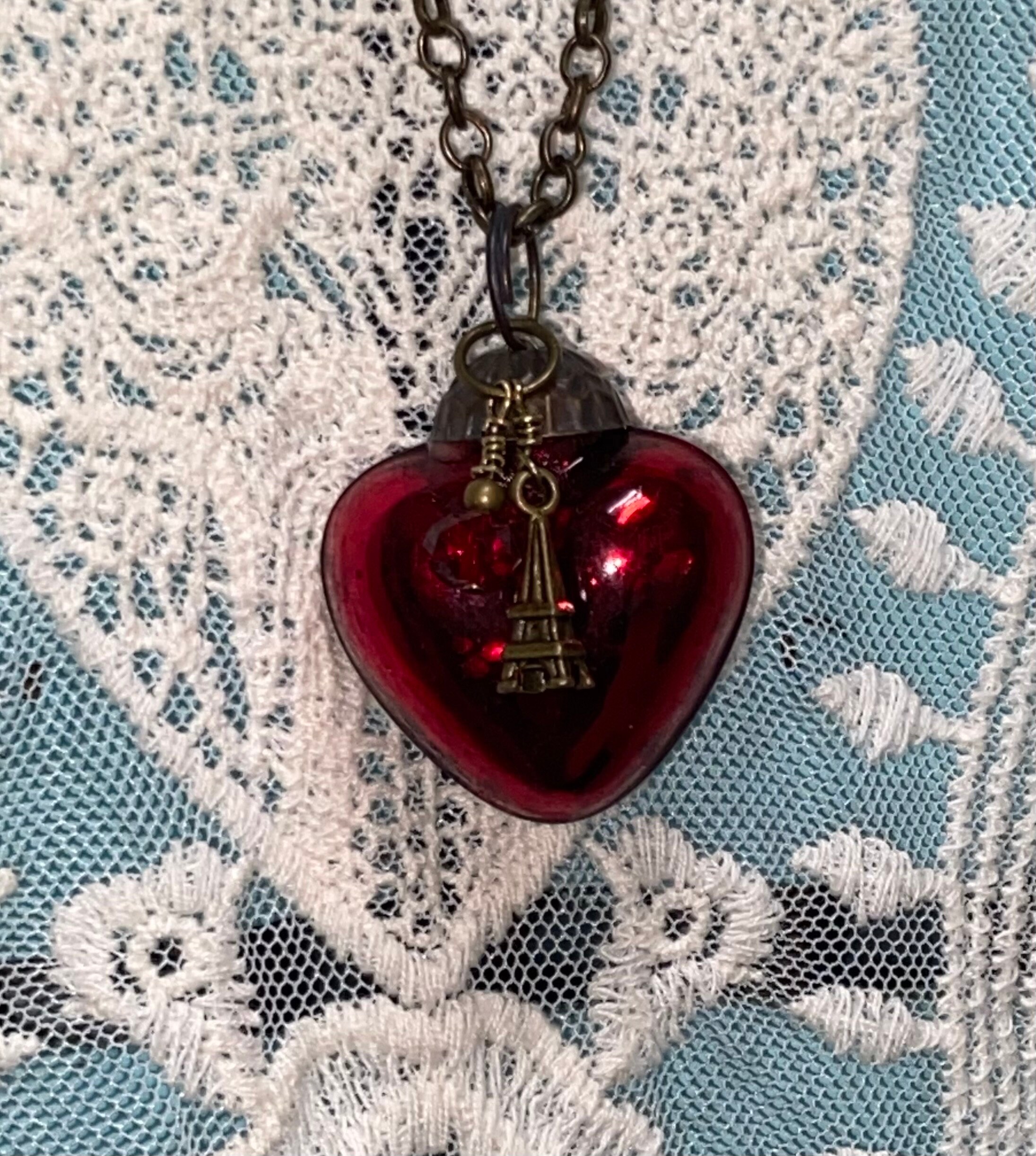 Moulin Rouge Inspired Long Red Mercury Glass Heart Necklace