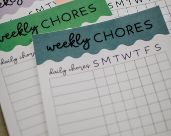 May include: A set of five printable chore charts with a weekly schedule. The charts are in different colors, including yellow, red, purple, green, and blue. Each chart has a wavy border and the text "weekly chores" at the top. The charts are designed for organizing daily and weekly tasks.