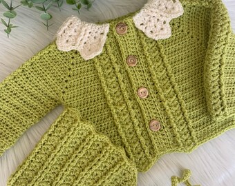 Modern Vintage Style Crochet Baby/Child Cardigan With Lace Collar, New Baby Gift, Baby Shower Gift, Autumn Jacket