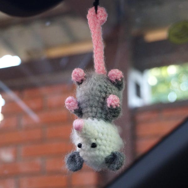Opossum Car Charm, Crochet Possum Rearview Mirror Pendant, Car Accessory