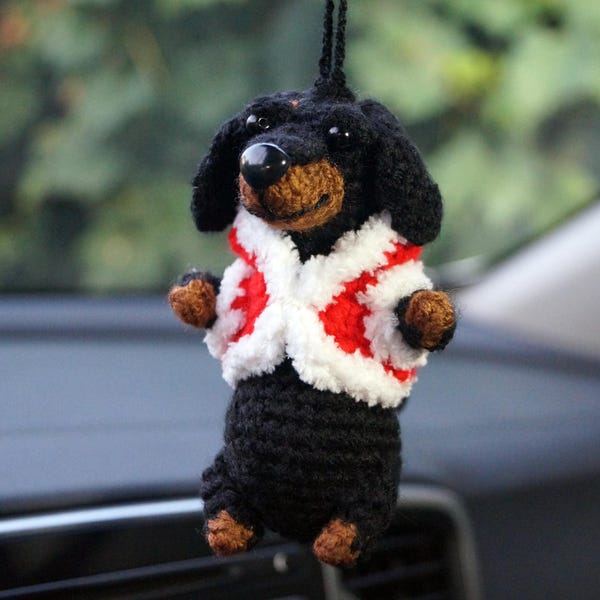 Crocheted Dachshund Car Mirror Decor: Dog Lover Gift