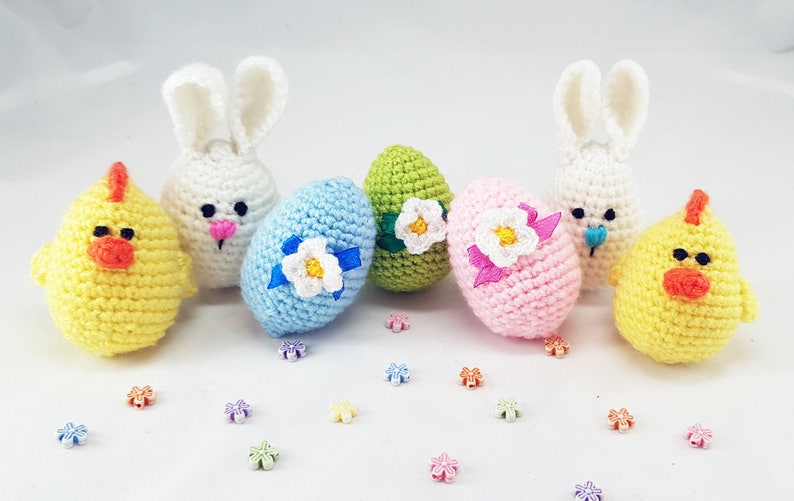 Easter stuffers Easter eggs Crochet eggs Easter gifts Bunny eggs Chick egg Crochet easter Cozy Easter decorations small gift Easter gift set image 2