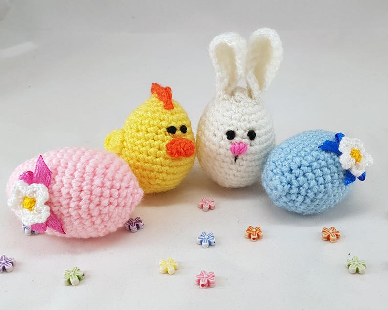 Easter stuffers Easter eggs Crochet eggs Easter gifts Bunny eggs Chick egg Crochet easter Cozy Easter decorations small gift Easter gift set image 4