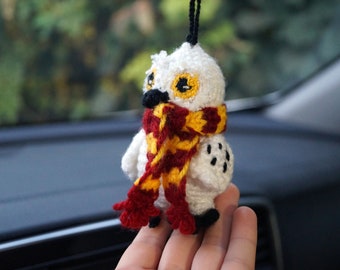 White owl car accessory - funny car decor, owl car hanger, owl gift idea, car charm for mirror, mirror hanging view chain