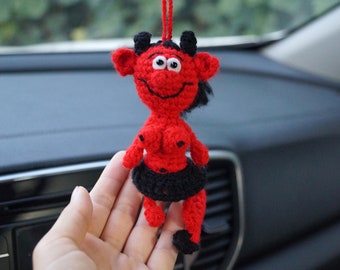 Devil car accessory, Crochet car pendant, Rearview mirror, car mirror charm, devil design decor, Unique car decor, she devil accessory