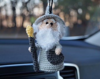 Wizard car accessories, Mirror hanging, druid charm, crochet car accessories, Gandalf accessory, animal plushie, wizard toy