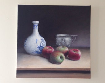 Large Apple Painting Original Still Life Oil Painting of Apples and Vases Large Still Life Oil on Canvas Kitchen Art Food Art Red Apple