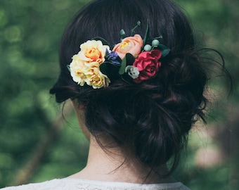 Wedding hair accessories for bride, Yellow pink flower hair comb, Greenery wedding bridal accessory, Boho summer wedding, Floral hair piece