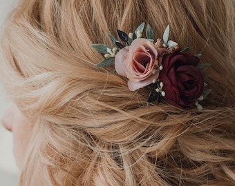 Winter wedding hair accessories Christmas flower comb Burgundy blush hairpiece Bridal hair comb, Greenery hair comb Burgundy Boutonierre