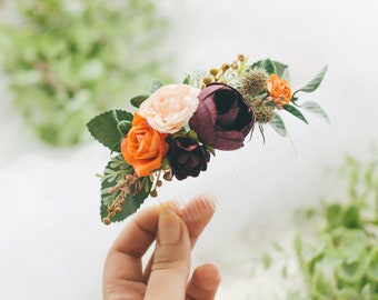 Autumn wedding hair accessories for bride, Plum orange flower hair comb, Greenery wedding bridal accessory, Fall boho wedding